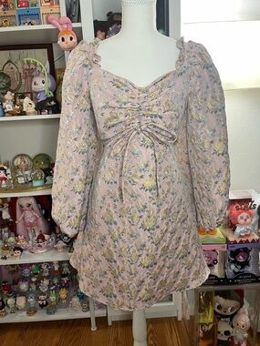 Sister Jane Pink Floral Jacquard Puff Sleeve Mini Dress Size L